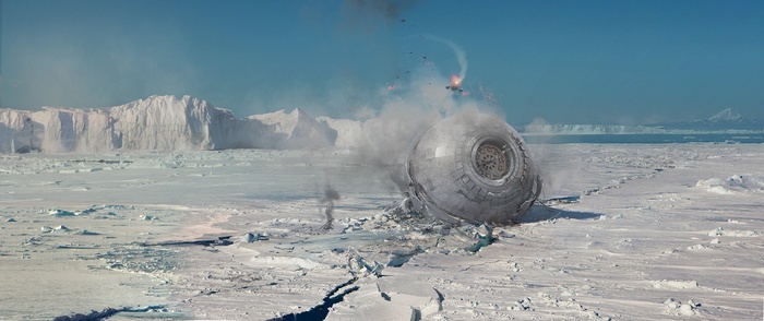 A crashed spherical spacecraft on an icy planet
