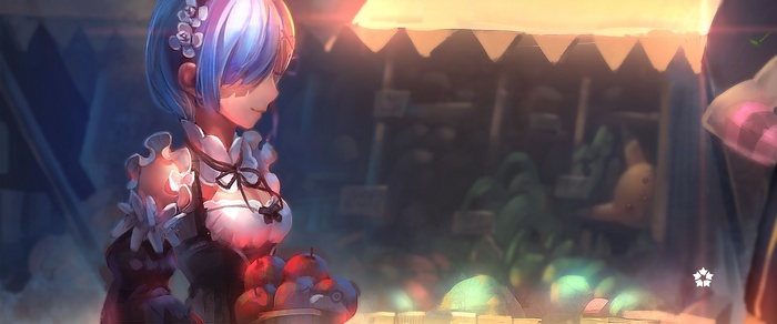 Rem from Re:Zero at a fruit stand