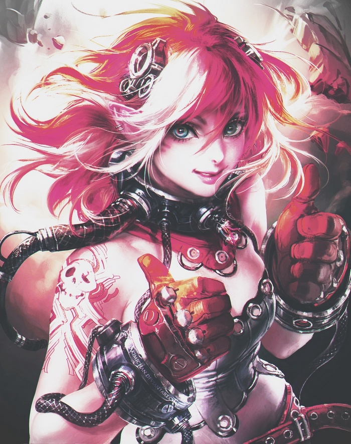 Anime girl with pink and white hair and cybernetic arm