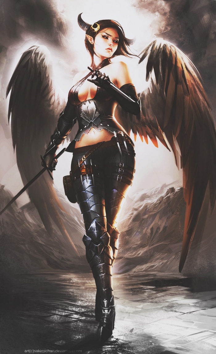 Fan art of a winged demon girl with a sword