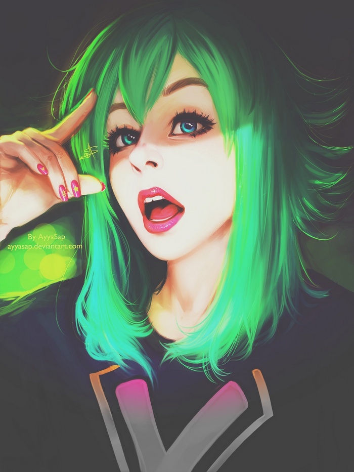 Artwork of a girl with green hair and blue eyes