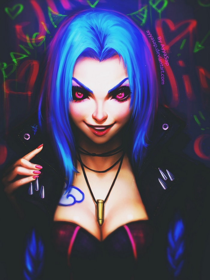 Jinx with blue hair and red eyes, fan art