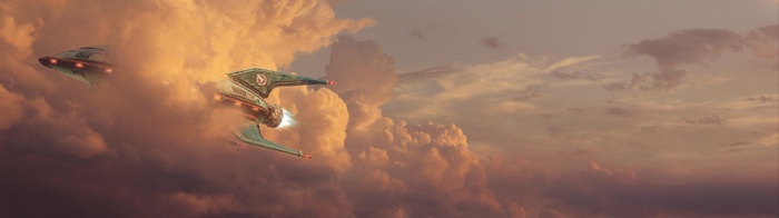 Futurama spaceships flying through clouds