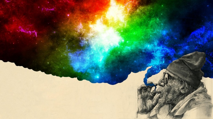 Old man smoking, colorful galaxy smoke