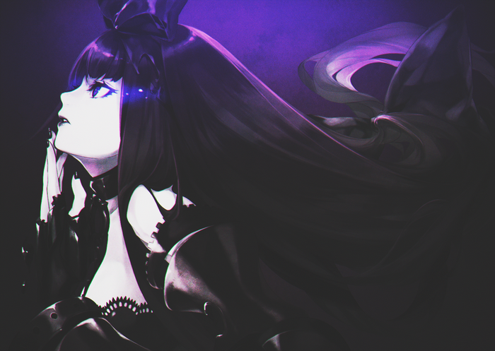 Anime girl with long black hair and purple accents