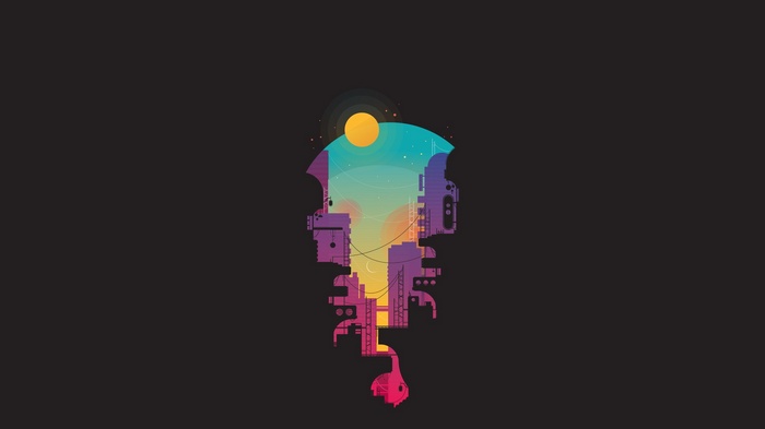 Minimalist cityscape with a colorful sky