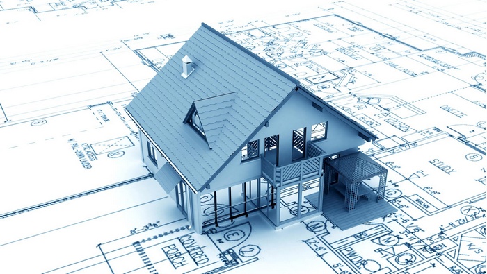 3D architectural model of a house on blueprints