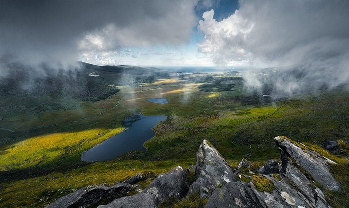Misty landscape with lakes in Ireland