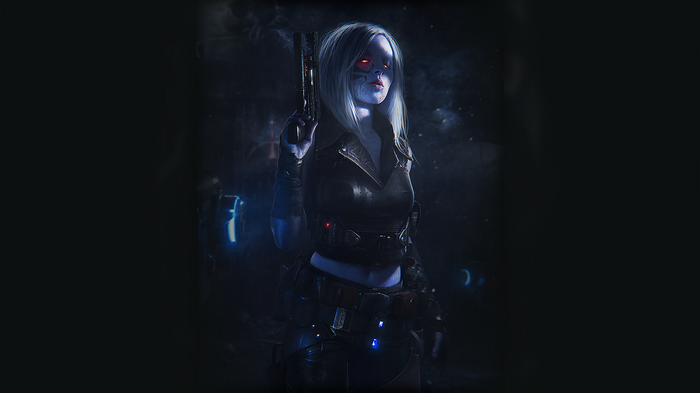 Cyberpunk woman with glowing red eyes holding a gun