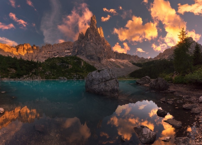 Mountain Lake Reflection at Sunset in Italy