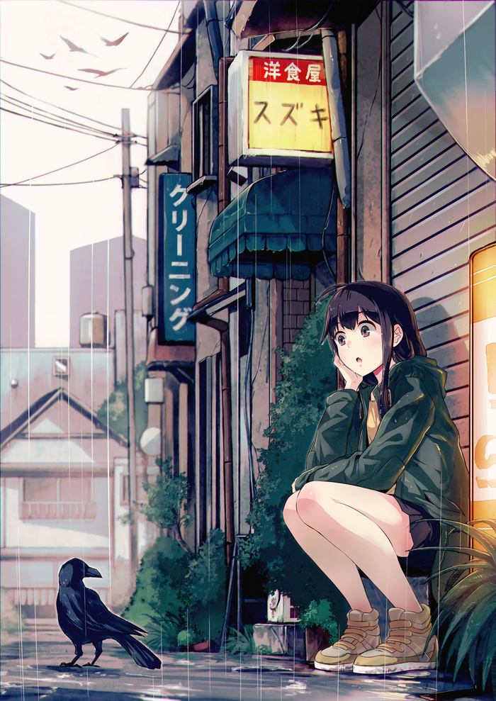 Anime girl and raven in the rain