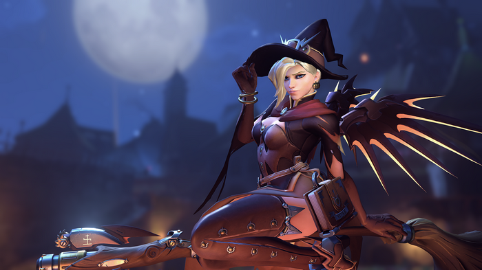 Halloween, Overwatch, Witch Mercy, thigh-highs, witch, Mercy (Overwatch)