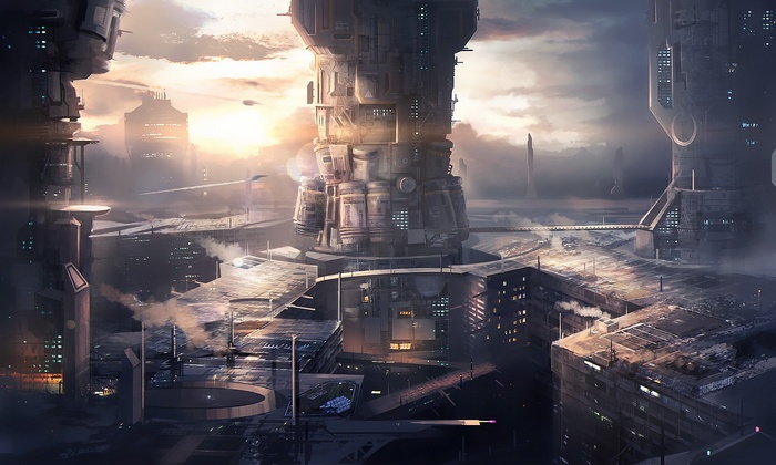 Futuristic city with tall towers at sunset