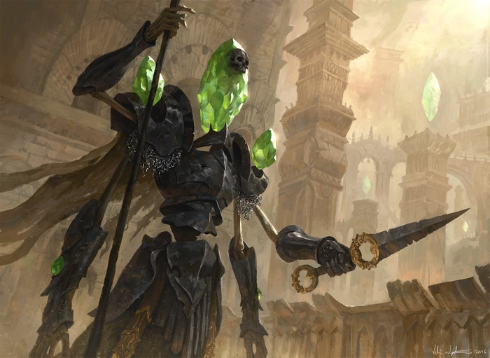 Skeleton knight with green crystals in ancient ruins