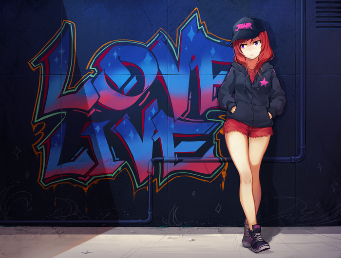 Nishikino Maki leaning against Love Live graffiti