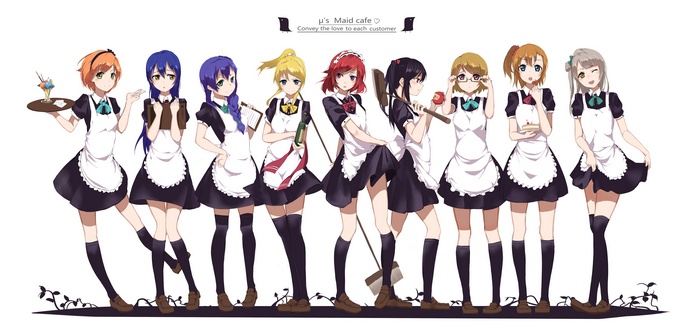 Love Live! girls in maid outfits at a cafe