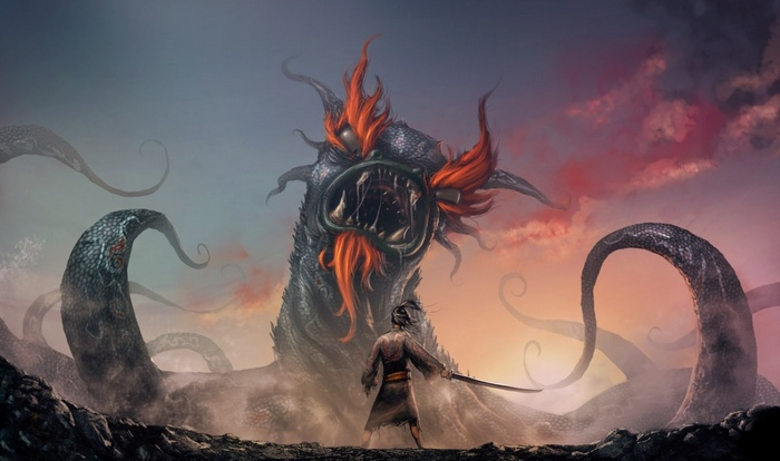 Samurai Jack faces a giant monster with tentacles