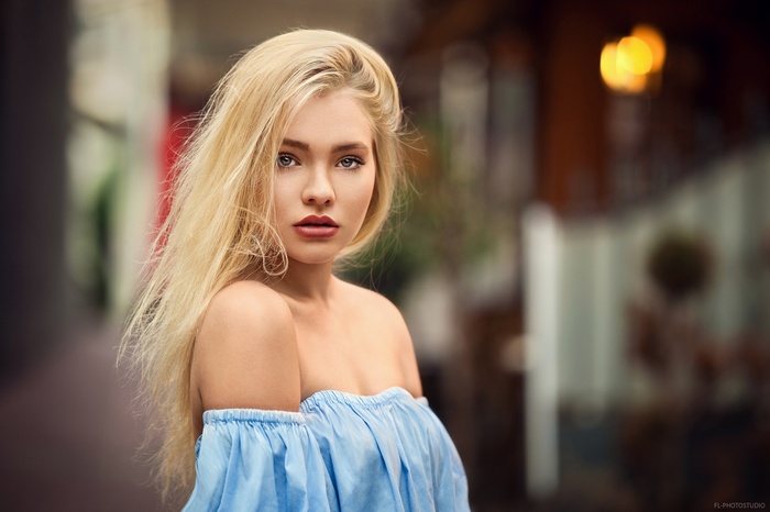 depth of field, women, portrait, Anna Maradan, long hair, Lods Franck, blonde, bare shoulders