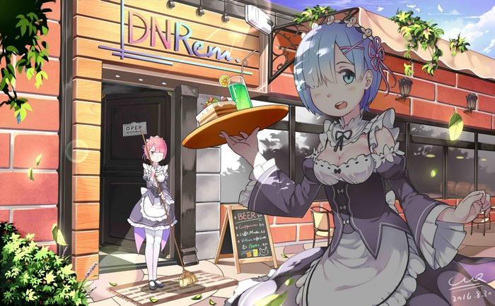 Rem and Ram from Re:Zero at a Cafe