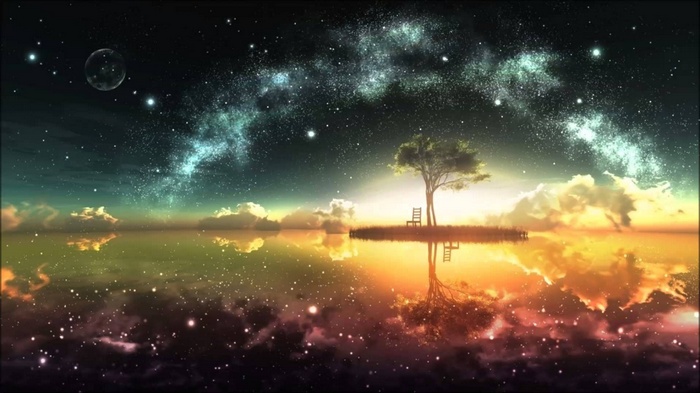 A lone tree on an island under a starry sky
