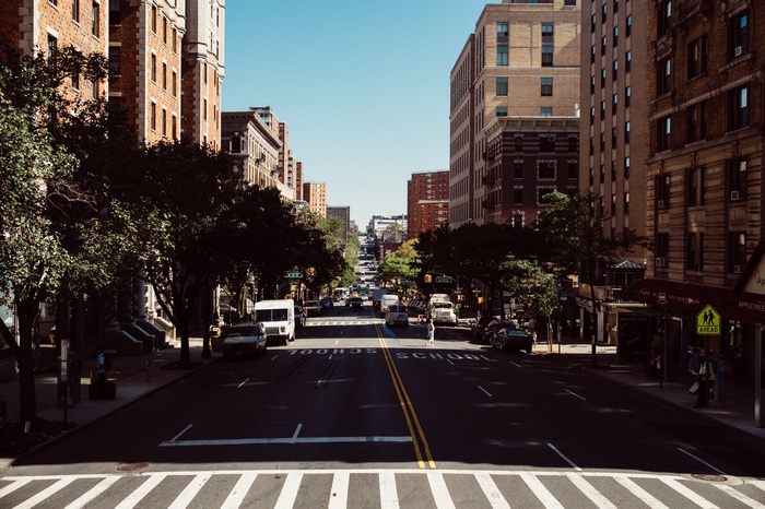 Street scene with buildings and cars