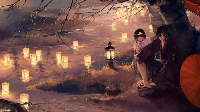 Yato and Nora from Noragami by a river with lanterns