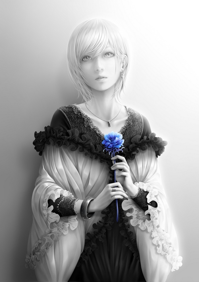 Anime girl with short hair holding a blue flower