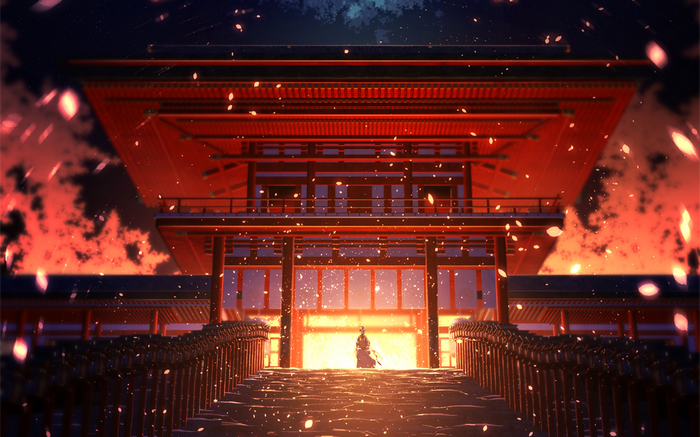 Touken Ranbu shrine with a warrior in front of fire