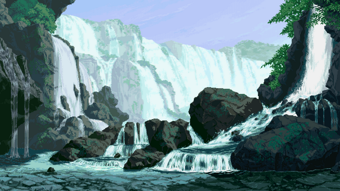 Pixel art landscape of a multi-tiered waterfall with rocks and trees