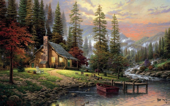 clouds, sunset, mist, painting, mountains, forest, house, dog, pier, boat, stones, nature, cabin, river, artwork, trees, landscape, Thomas Kinkade