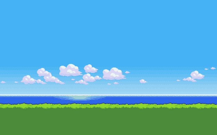 Pixel art landscape with clouds over the ocean
