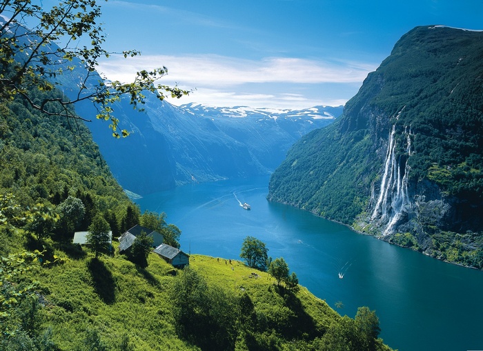 Geirangerfjord, Norway with waterfalls and houses