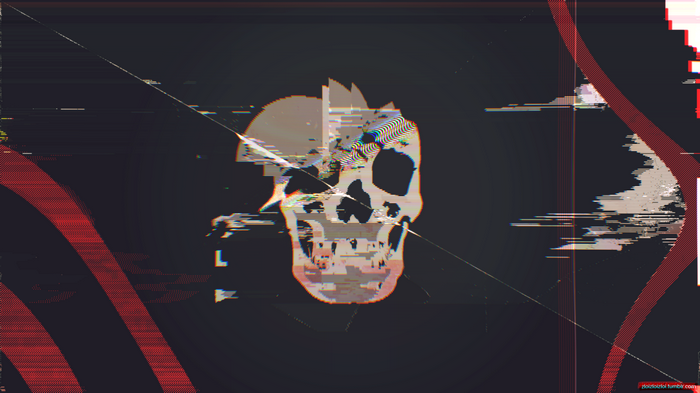 Glitch art skull with abstract red patterns