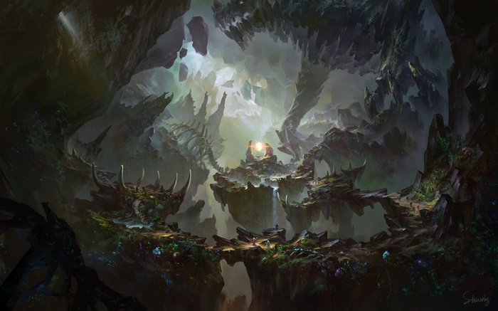 Fantasy cave with floating islands and a glowing orb