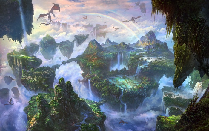 Fantasy art of dragons flying over floating islands with waterfalls and rainbows