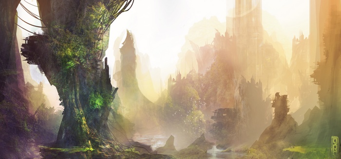 Fantasy landscape with ancient trees and distant castles