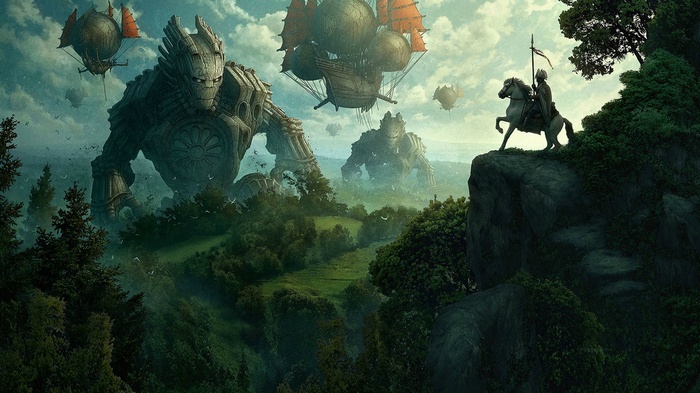 Fantasy art of giant robots and a knight on horseback
