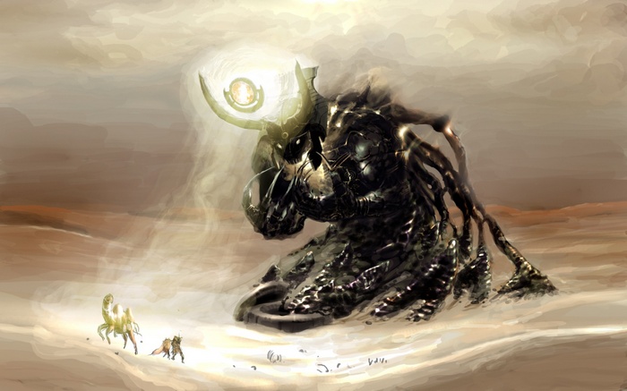 desert, camels, giant, creature, fantasy art, demon