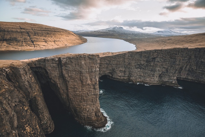 Lake Sørvágsvatn and cliffs in the Faroe Islands