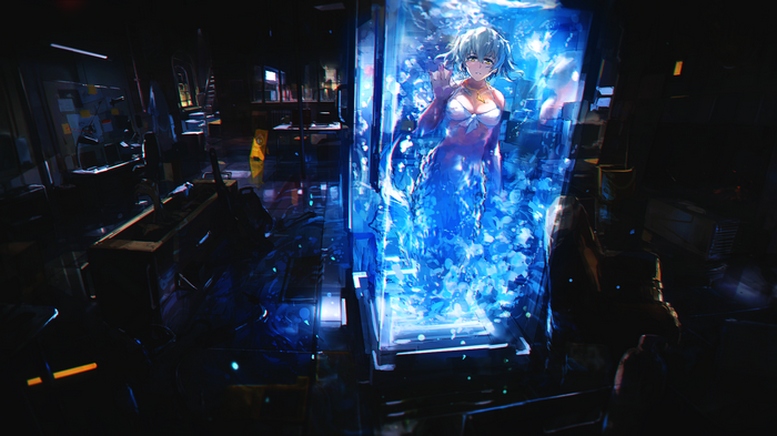 Anime girl in a blue liquid tank