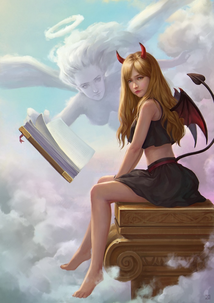 Demon girl and angel reading a book in the clouds