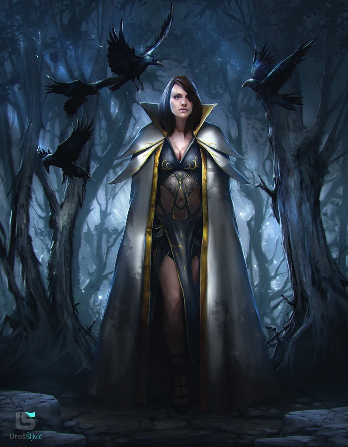Fantasy art of a witch in a dark forest