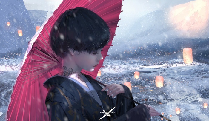 Ghostblade WLOP fantasy art with lanterns