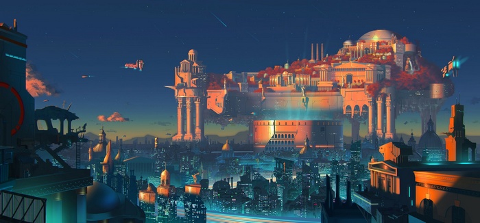 Science fiction city with floating structures at sunset