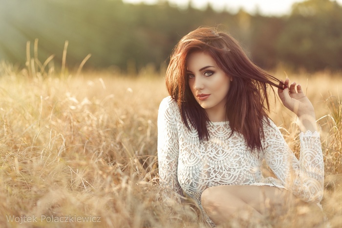 looking at viewer, Wojtek Polaczkiewicz, dress, women, women outdoors, face, hands in hair, brunette, red lipstick, portrait, see-through clothing, field, lace