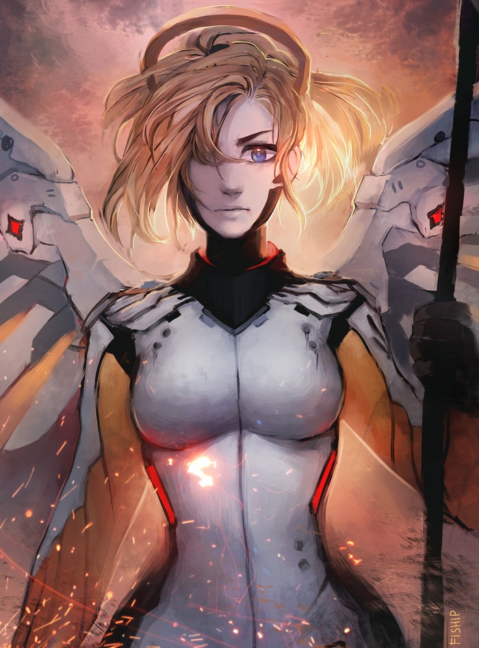 Mercy from Overwatch in a futuristic suit