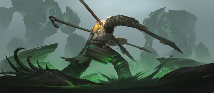Warrior impaled by spears in a desolate landscape