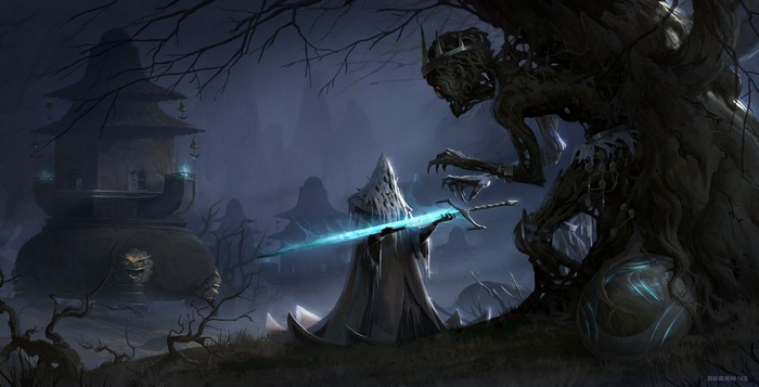Fantasy art of a skeletal figure holding a glowing sword