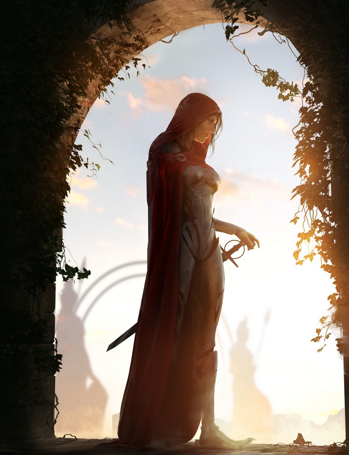 Fantasy warrior woman in red hood with sword