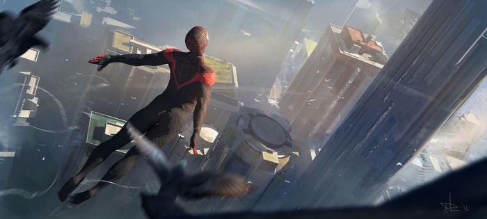 Spider-Man flying through a futuristic city